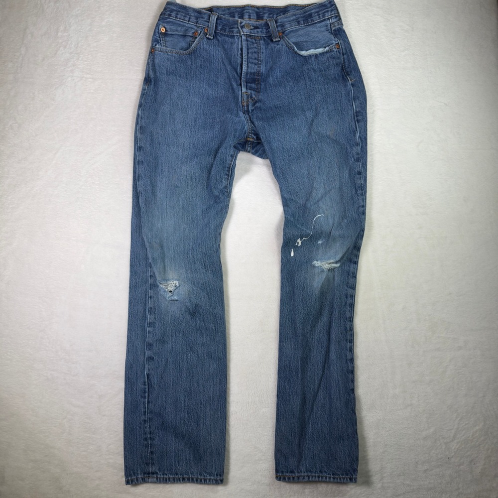 Levi's 501 Jeans Mens W32 L32 Distressed Denim Button‎ Fly Blue Cotton